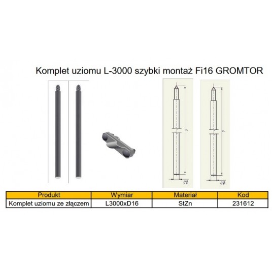 GROMTOR Komplet uziomu 3m fi16 2x1,5m 231612 -zdjęcie numer 2