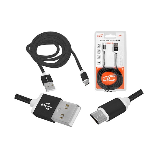 Kabel USB-microUSB 2m czarny LX8450 2M plecion -zdjęcie numer 1