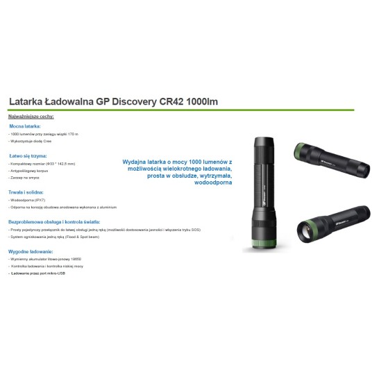 Latarka GP LED CR42B ładowalna 1000lm DISCOVERY -zdjęcie numer 3