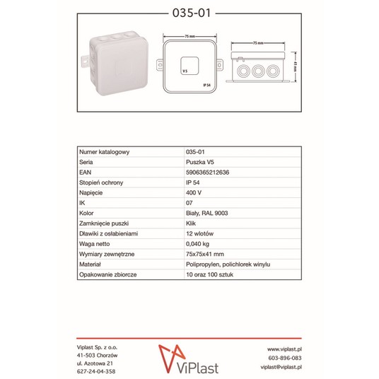 Puszka V5 biała ViPlast 75x75x41 IP54 035-01 -zdjęcie numer 2
